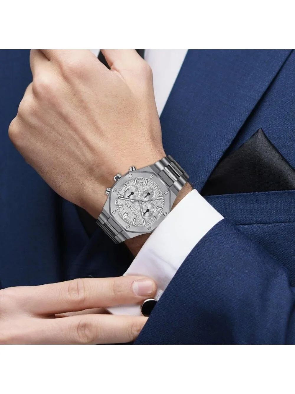 Men's Silver Strap Silver White Stainless Steel Octagonal Date Quartz Watch